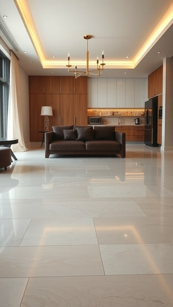 Modern living room with polished epoxy floor and embedded lighting