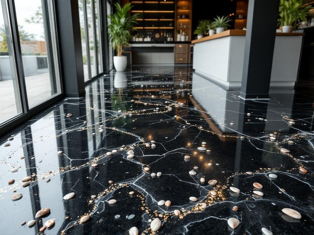 A sleek black epoxy floor with embedded stones and gold accents, showcasing a modern interior space.