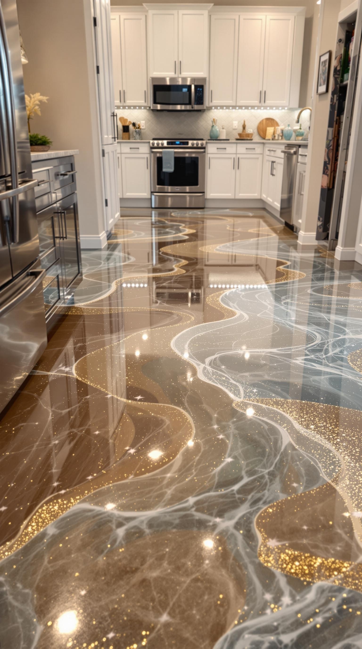 A kitchen with a glitter epoxy floor featuring flowing patterns and a glossy finish.