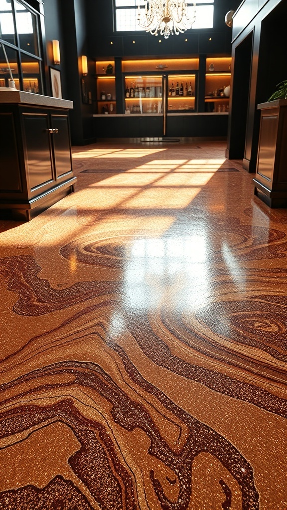 Luxurious copper metallic epoxy floor in a modern interior with elegant lighting