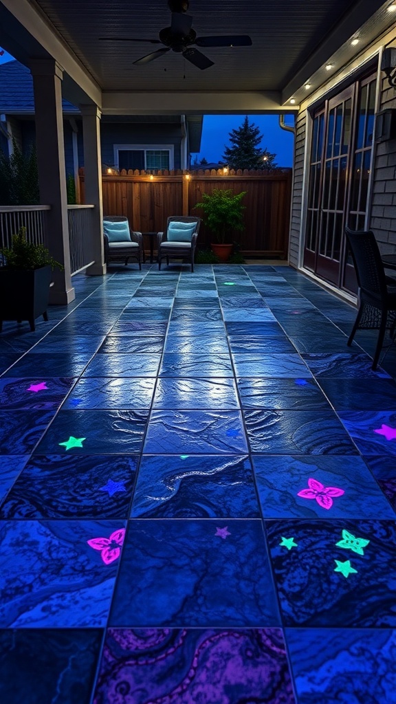 A beautifully designed patio with glow-in-the-dark epoxy flooring, featuring colorful patterns under soft lighting.