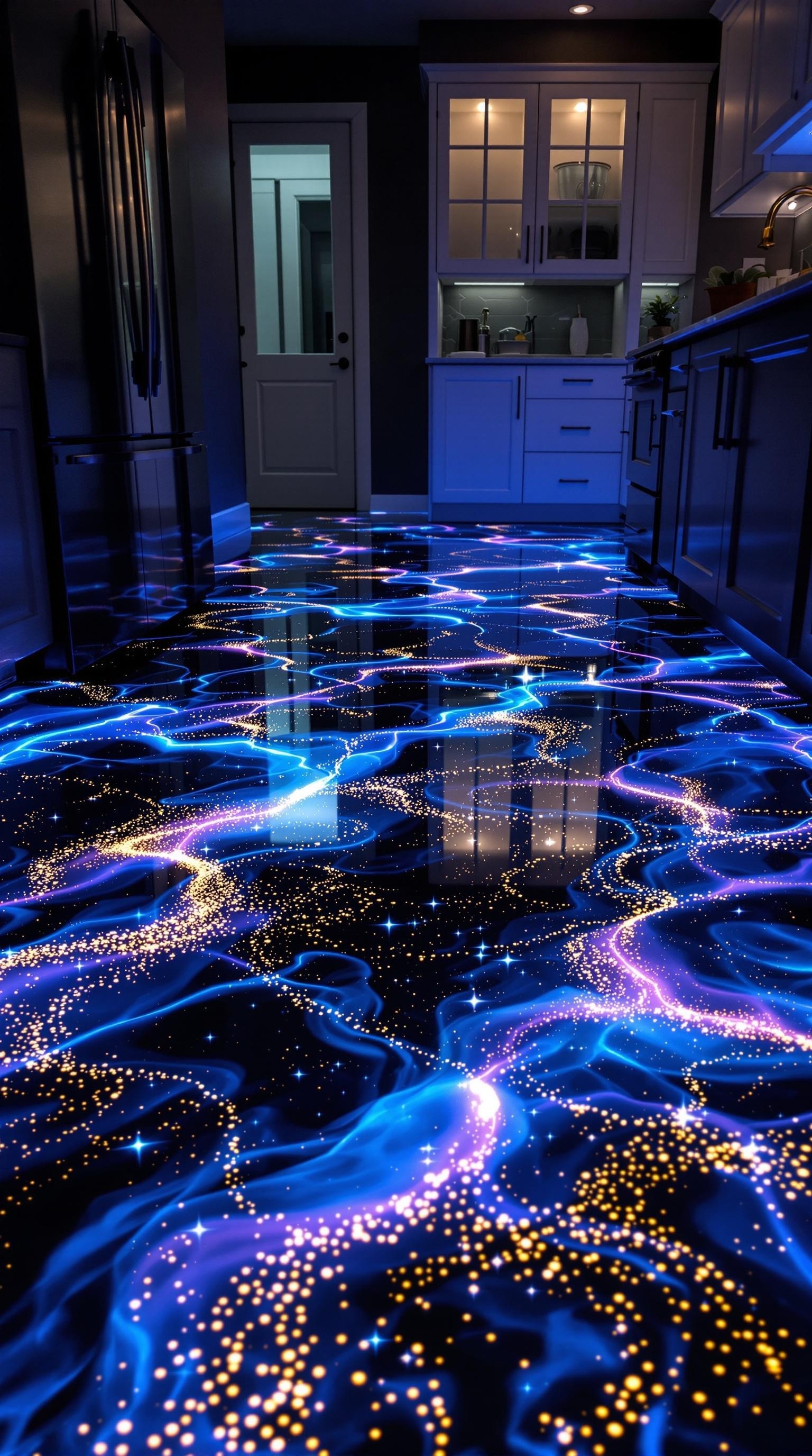 A kitchen with a glow-in-the-dark epoxy floor featuring vibrant blue and golden elements