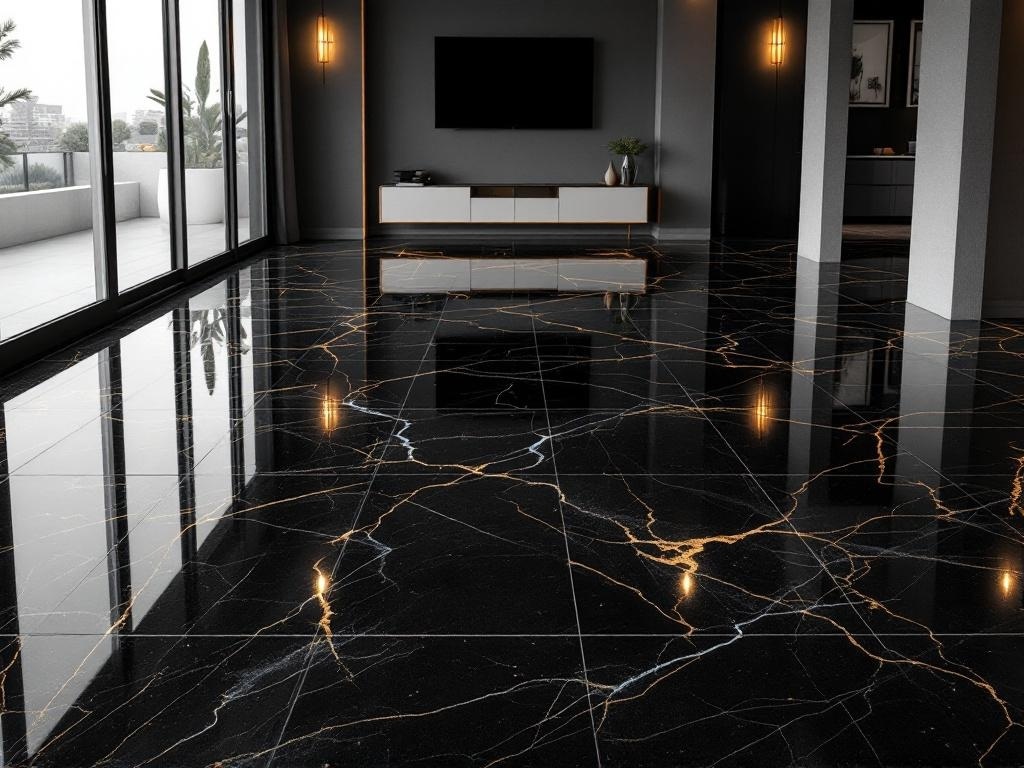 A modern interior with glossy black epoxy flooring featuring golden veins and a glow-in-the-dark effect.