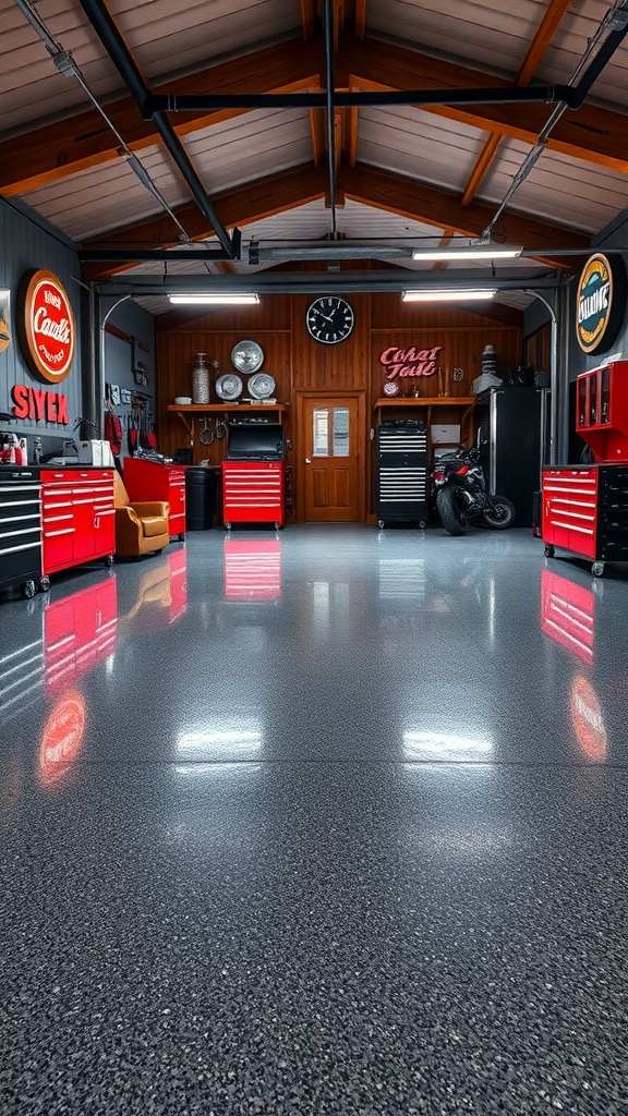 A well-designed garage workshop with a shiny epoxy floor and integrated lighting