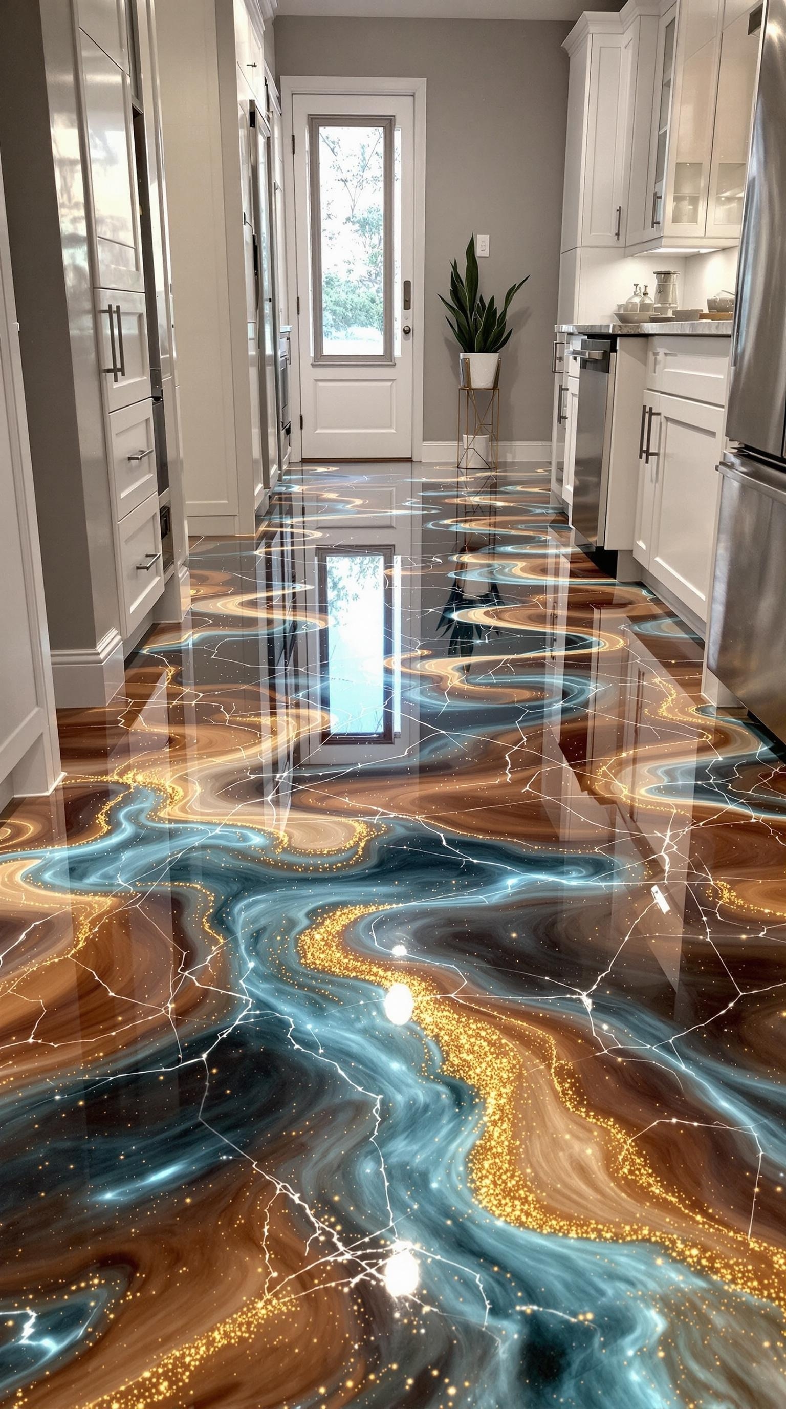 A beautifully designed epoxy floor in a kitchen, featuring swirls of blue, brown, and gold with a glossy finish.