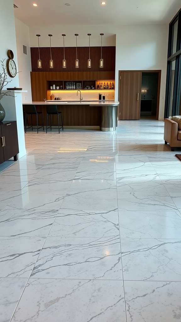 A modern living space featuring marble epoxy flooring with a sleek bar area.