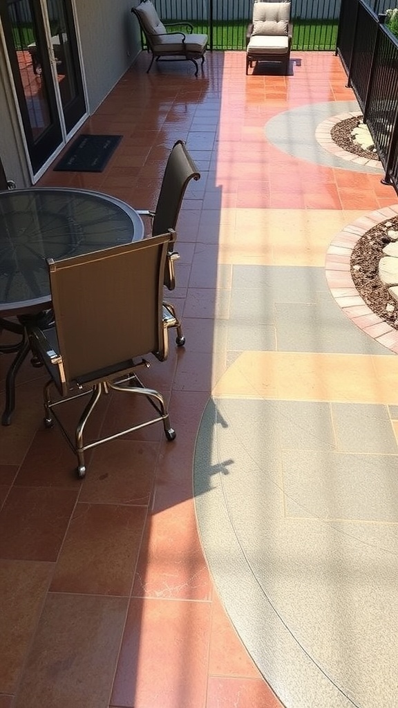 An epoxy river design on a stamped concrete patio, featuring a flowing river pattern with glossy finishes.