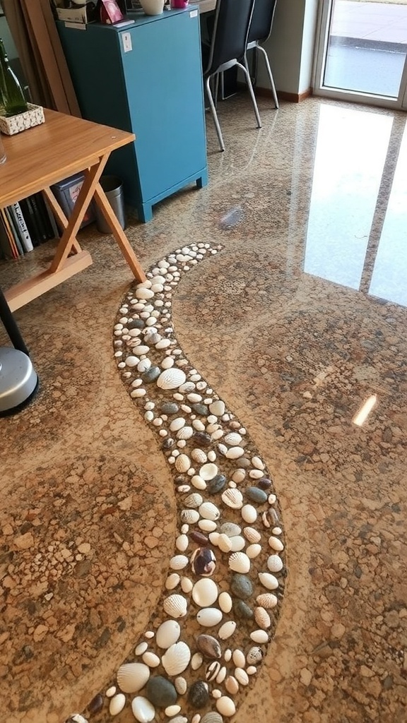 Luxurious copper metallic epoxy floor with embedded shells in a modern home setting