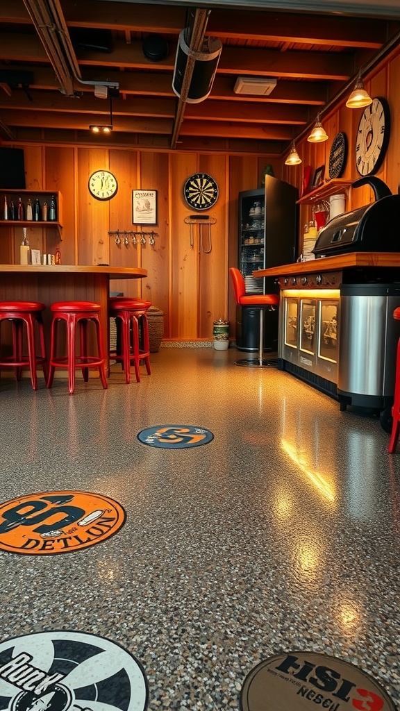 Stylish garage bar with polished epoxy floor featuring embedded designs and rustic decor.