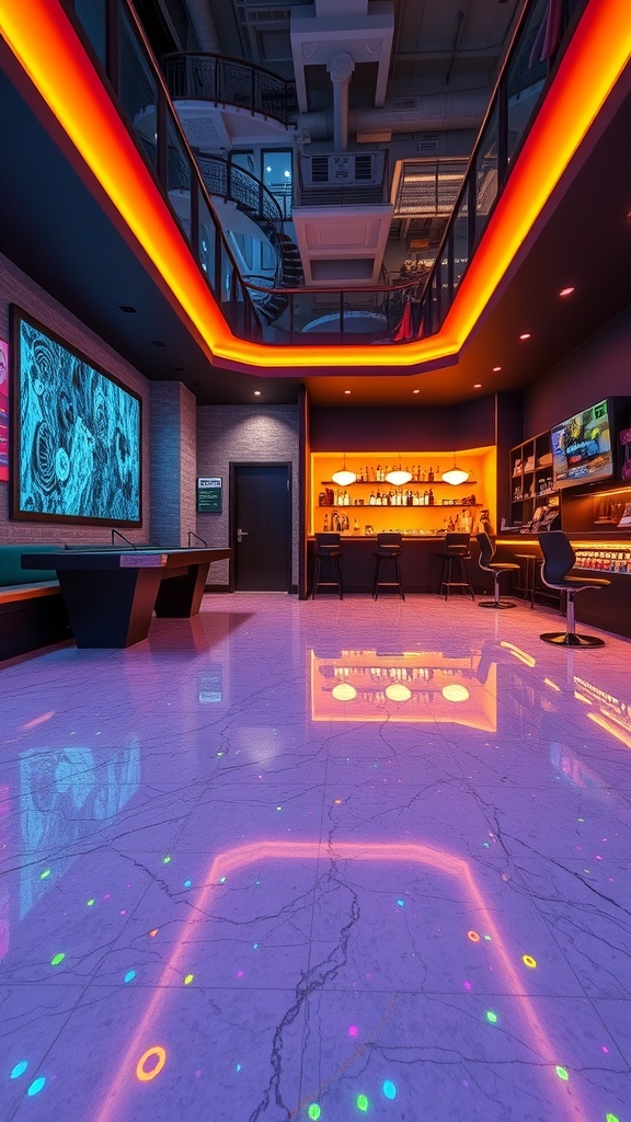 A modern interior showcasing an epoxy floor with glow-in-the-dark elements, vibrant lighting, and a stylish bar area.
