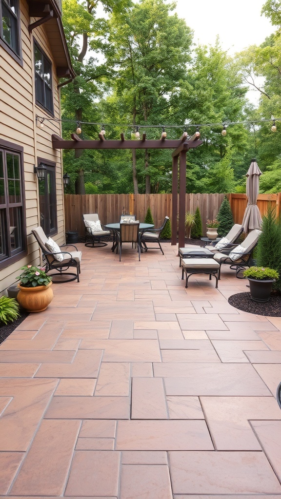 A cozy outdoor patio featuring dark gray stamped concrete with a fire pit and comfortable seating.