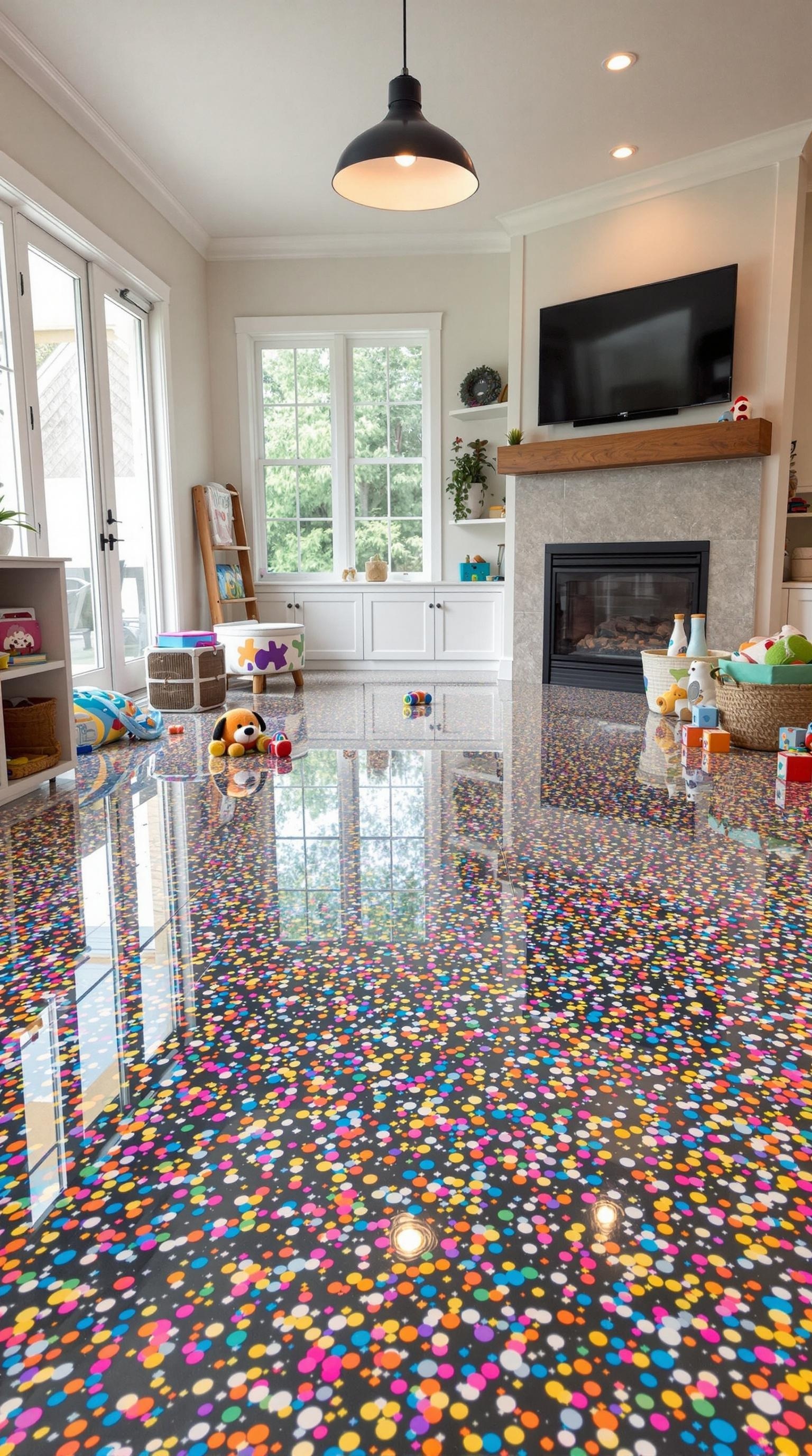 Colorful flake epoxy flooring in a bright room with toys
