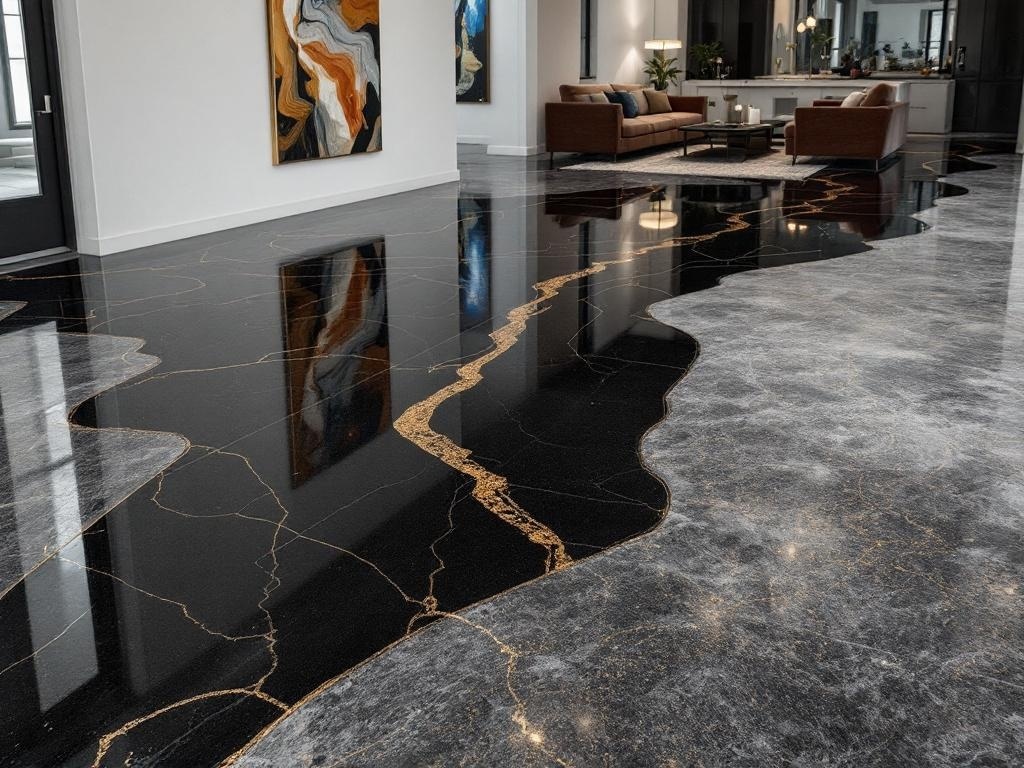 A luxurious nightfall epoxy floor design featuring dark tones and gold accents in a modern interior space.