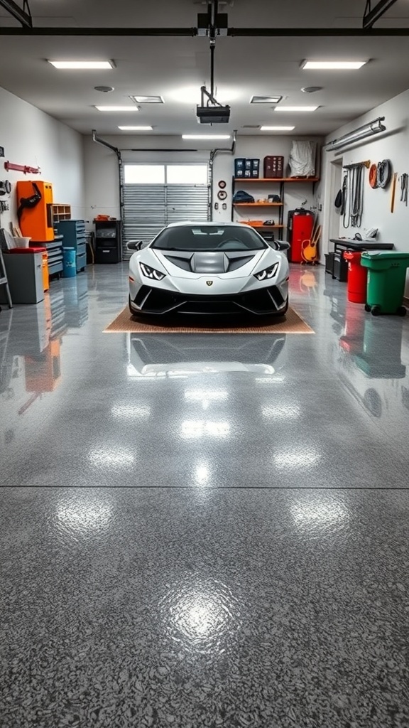 A modern garage with a sleek epoxy floor and a luxury car.