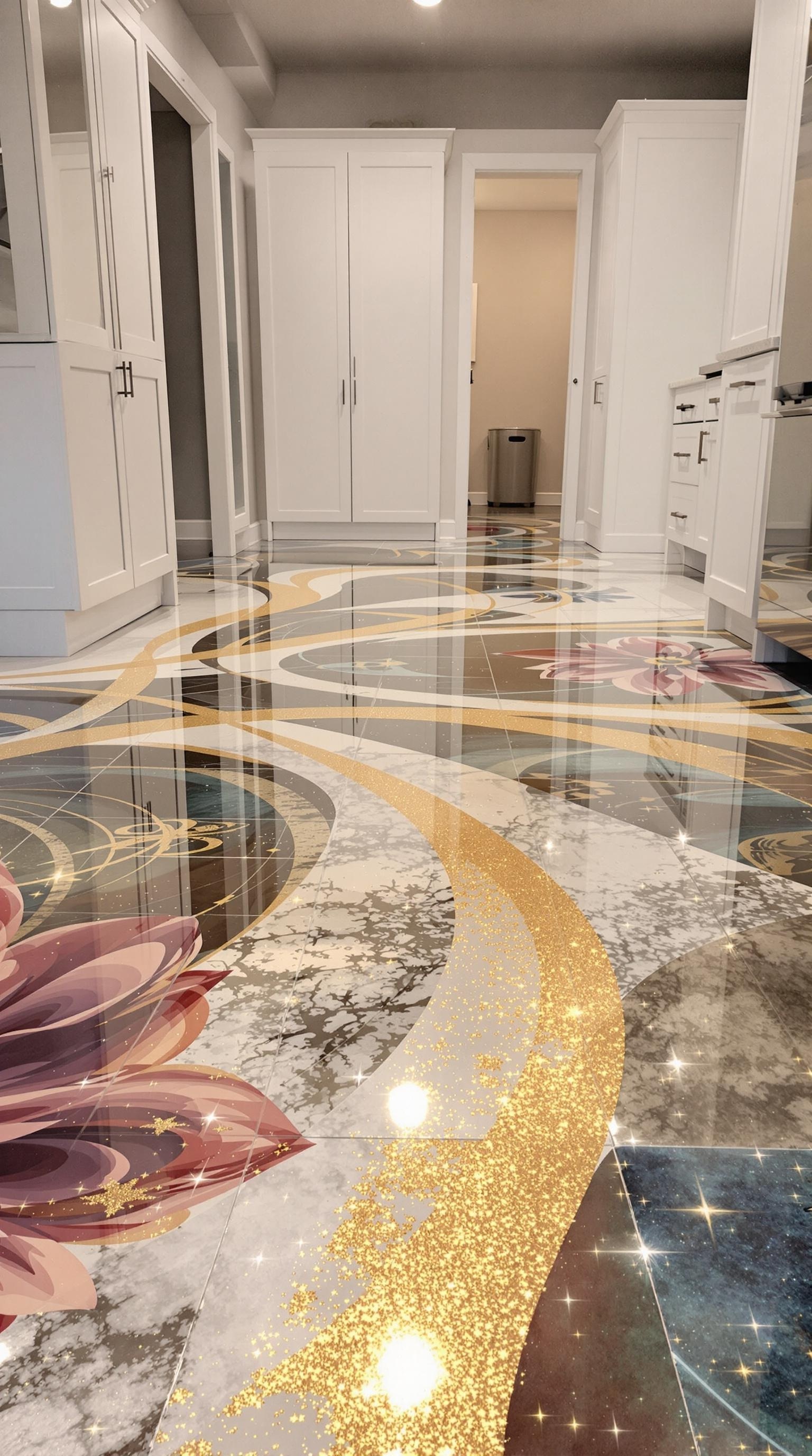 A beautifully designed epoxy floor with floral patterns and gold accents.