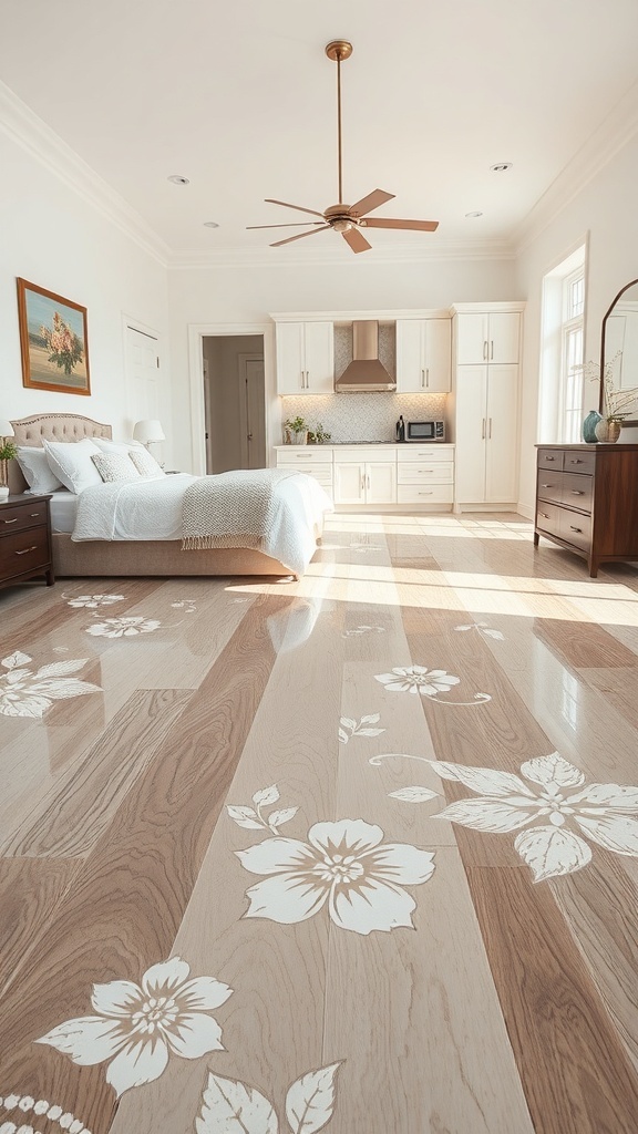 A beautifully designed bedroom with floral epoxy flooring, showcasing a blend of natural wood textures and elegant floral patterns.