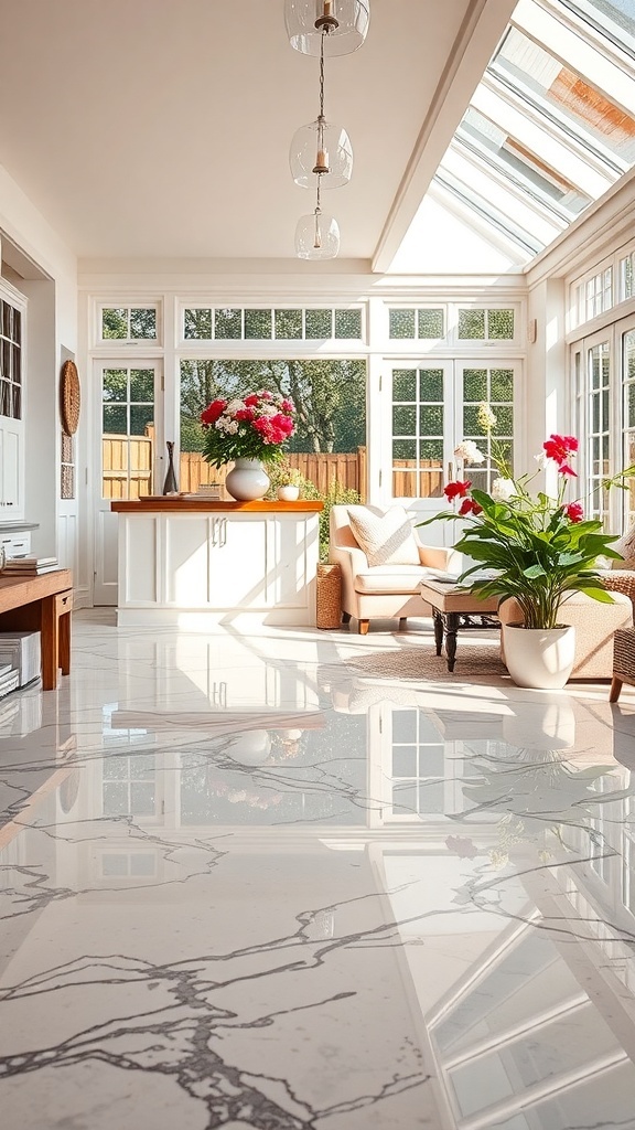A bright sunroom with a marble-look epoxy floor and floral decorations.