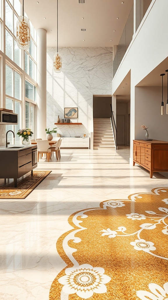 A spacious modern interior featuring floral motif epoxy flooring with gold accents, complemented by marble walls and stylish furniture.