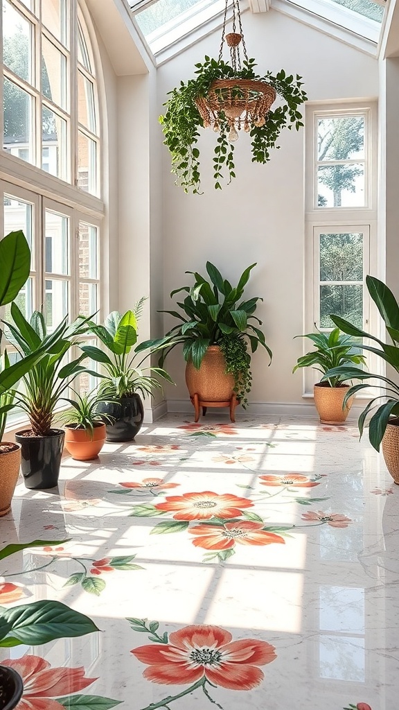 A bright sunroom with floral patterned epoxy flooring featuring orange flowers and green leaves, surrounded by potted plants.