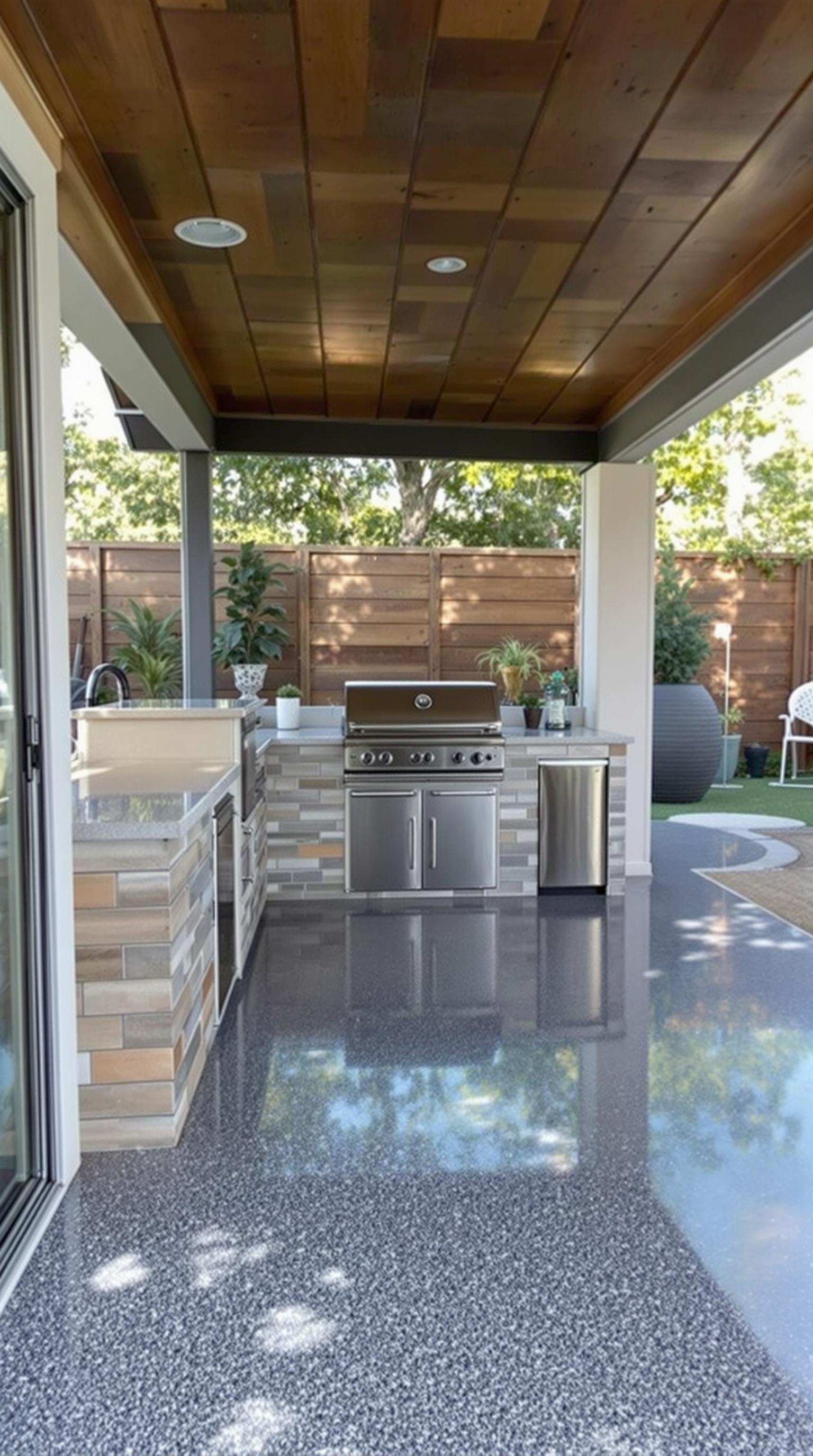Outdoor barbecue station with floral epoxy flooring and modern grill setup