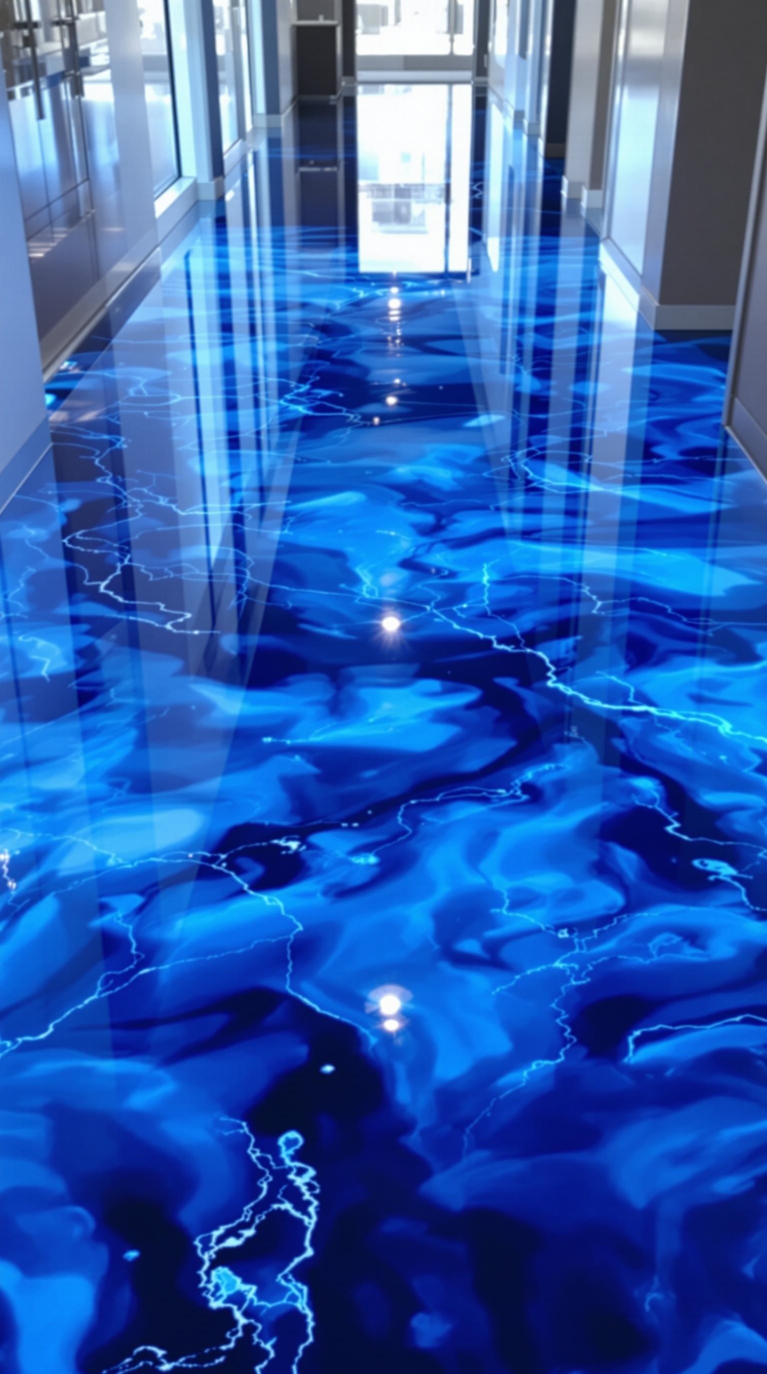 A hallway featuring a glossy blue epoxy floor with an ocean-like design.