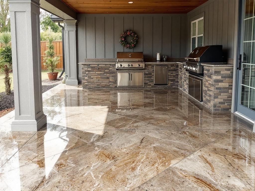 Stunning epoxy floor design in an outdoor barbecue station