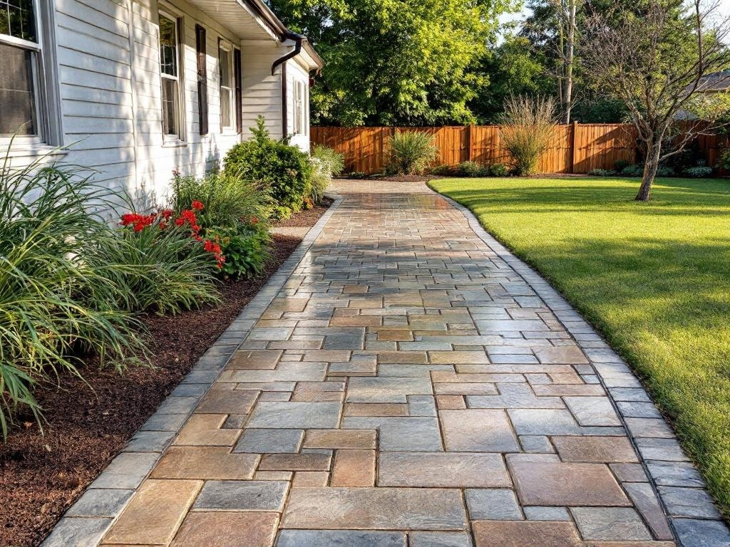 A beautiful stamped concrete pathway leading through a landscaped yard.