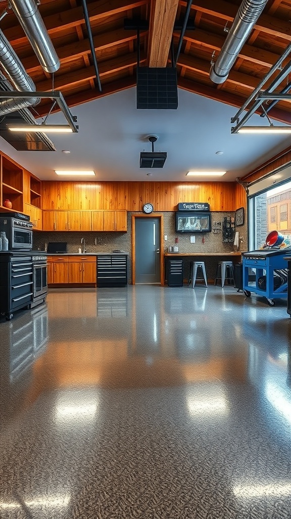 A modern garage featuring a polished epoxy floor, wooden cabinets, and an open ceiling.