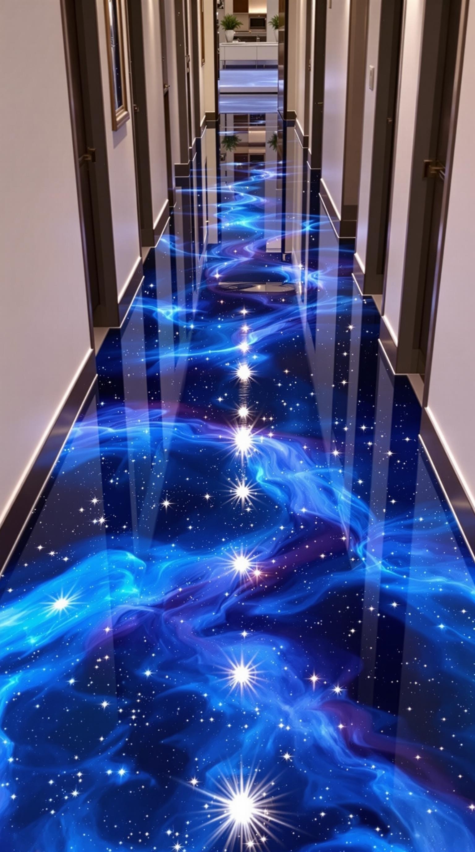 A hallway featuring galaxy-inspired blue epoxy flooring with swirling patterns and stars.