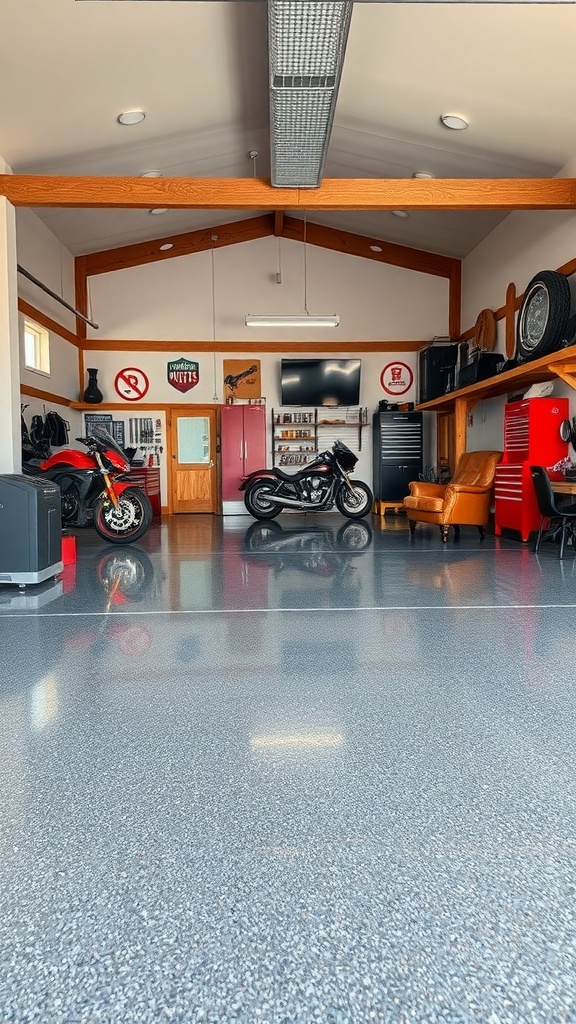 A stylish garage workshop featuring a high-gloss epoxy floor, motorcycles, and organized tools.
