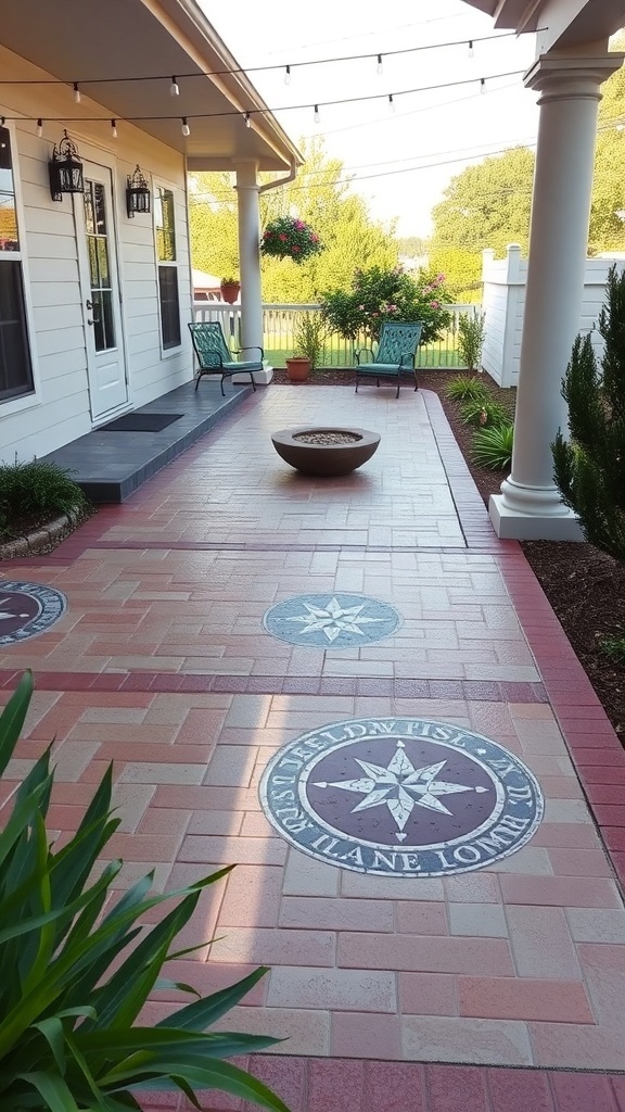 A modern patio with geometric stamped concrete patterns and epoxy finish.