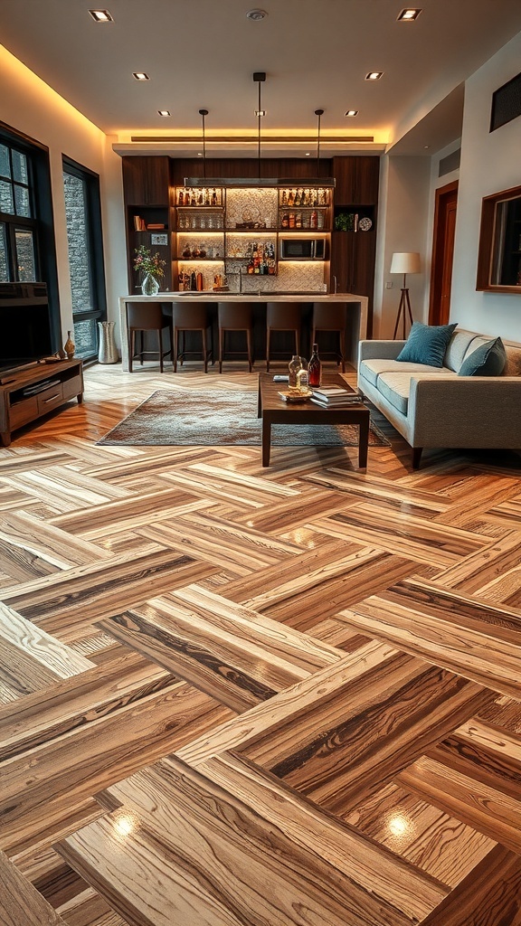 Geometric patterned epoxy wood floor in a modern living space with a home bar.