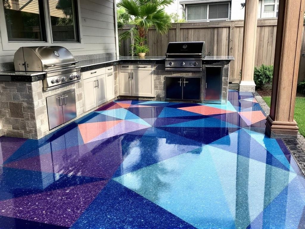 Geometric patterned epoxy floor in an outdoor barbecue station