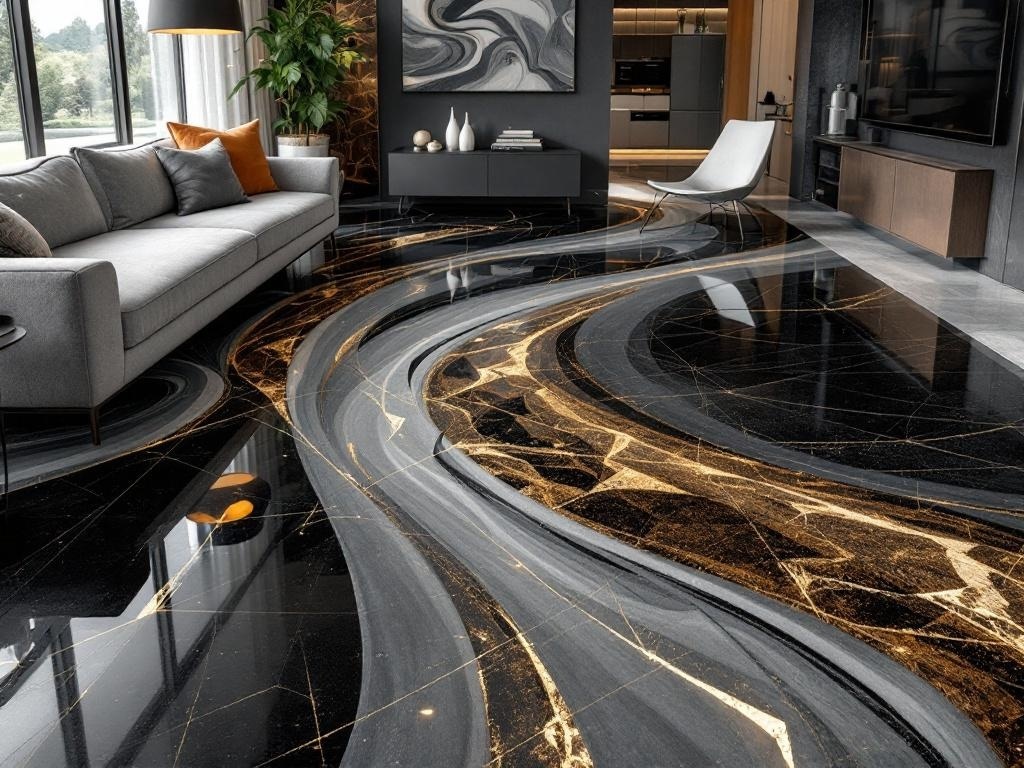 A modern living room with a nightfall epoxy floor featuring black and gold geometric patterns.