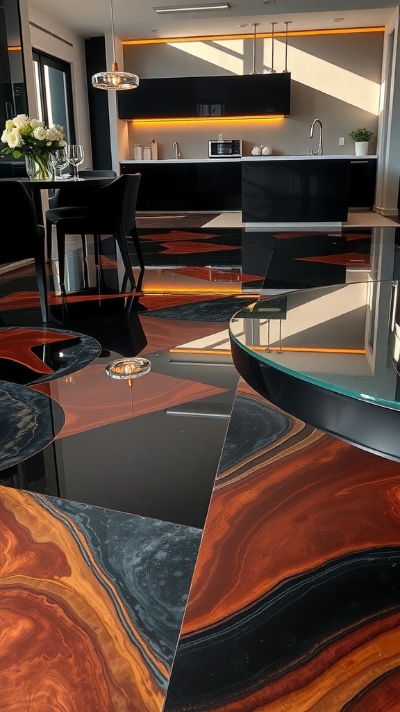 A modern kitchen featuring a geometric copper metallic epoxy floor with bold patterns and glossy finish.