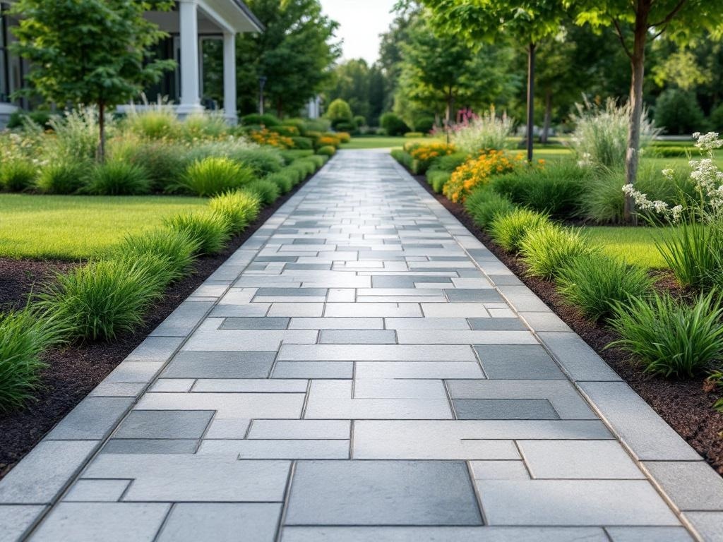 A modern stamped concrete pathway with geometric patterns surrounded by lush greenery.