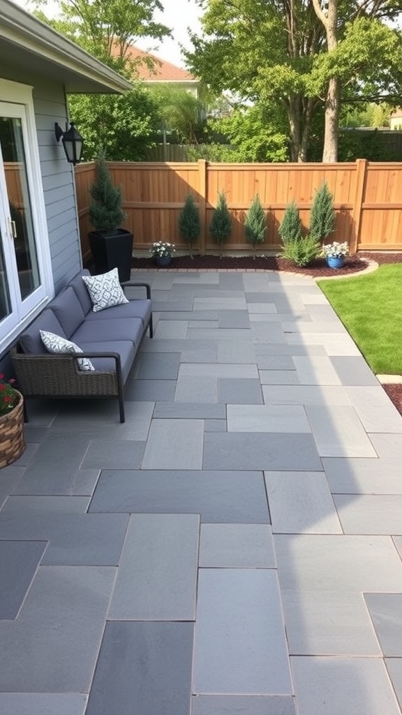 A beautifully designed dark gray stamped concrete patio featuring geometric patterns and a cozy fire pit.