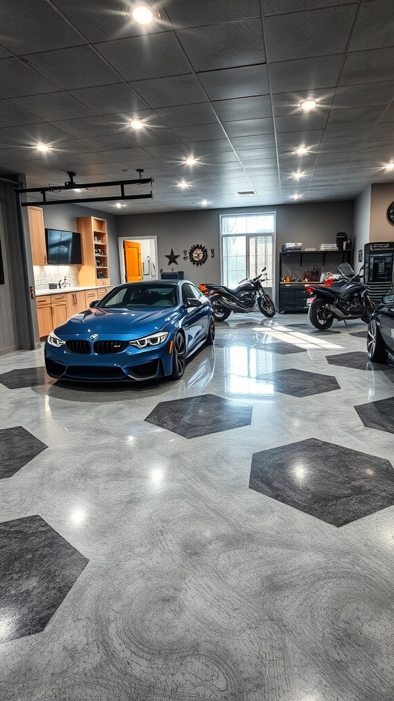Garage with a gray epoxy floor featuring hexagonal patterns and a blue car.