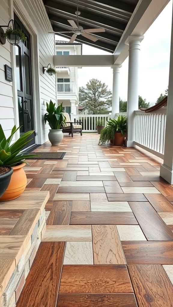 An epoxy porch featuring geometric patterns that resemble wood, showcasing a modern outdoor space.