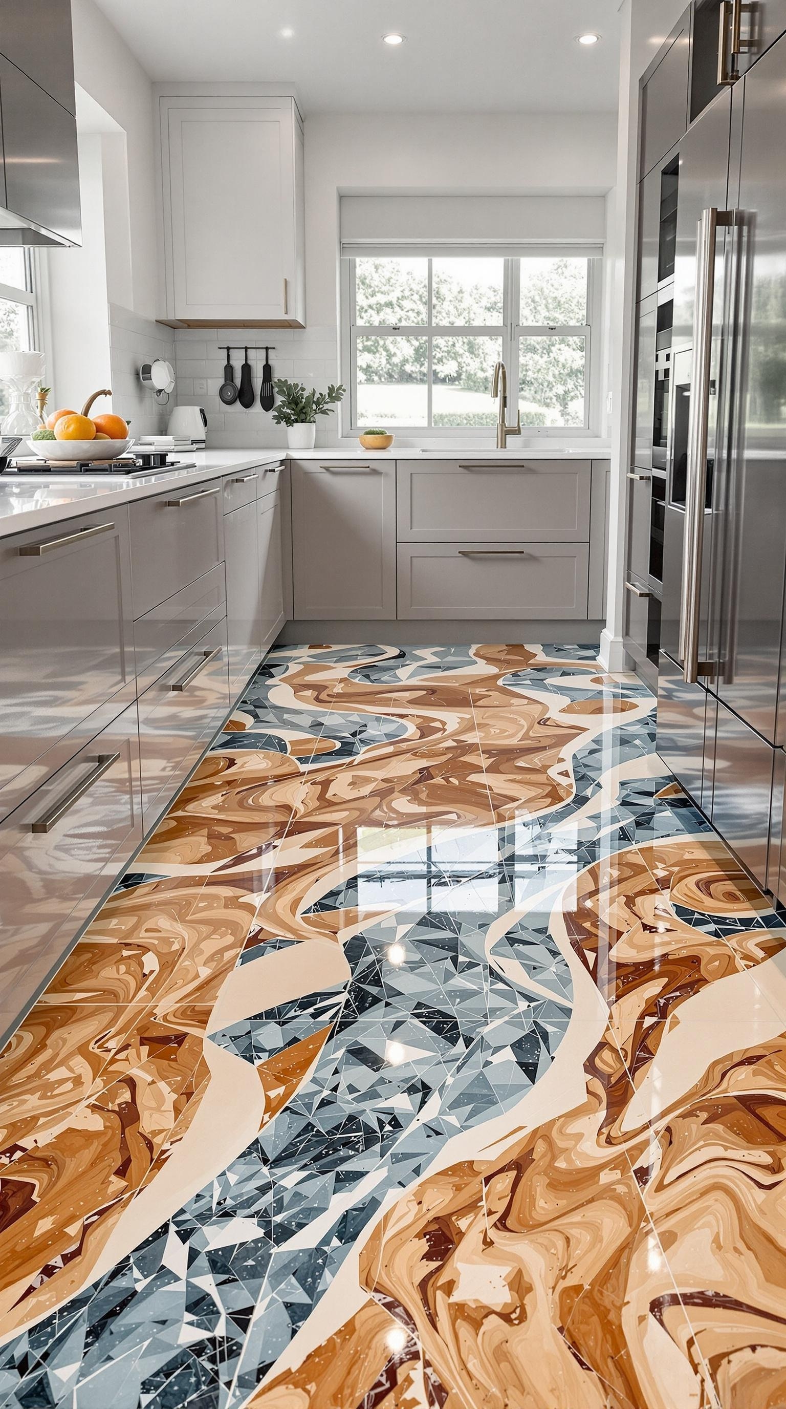 Stylish geometric epoxy floor in a modern kitchen