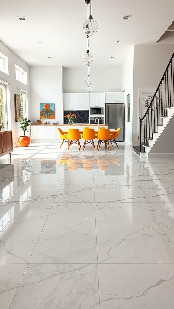 A modern kitchen with a marble-look epoxy floor and vibrant orange chairs.