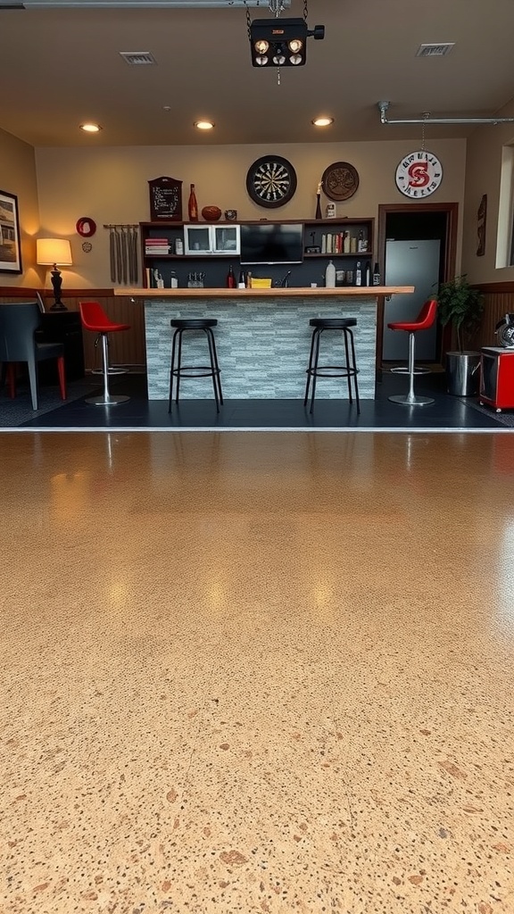 A stylish garage bar with a polished epoxy floor and geometric patterns.