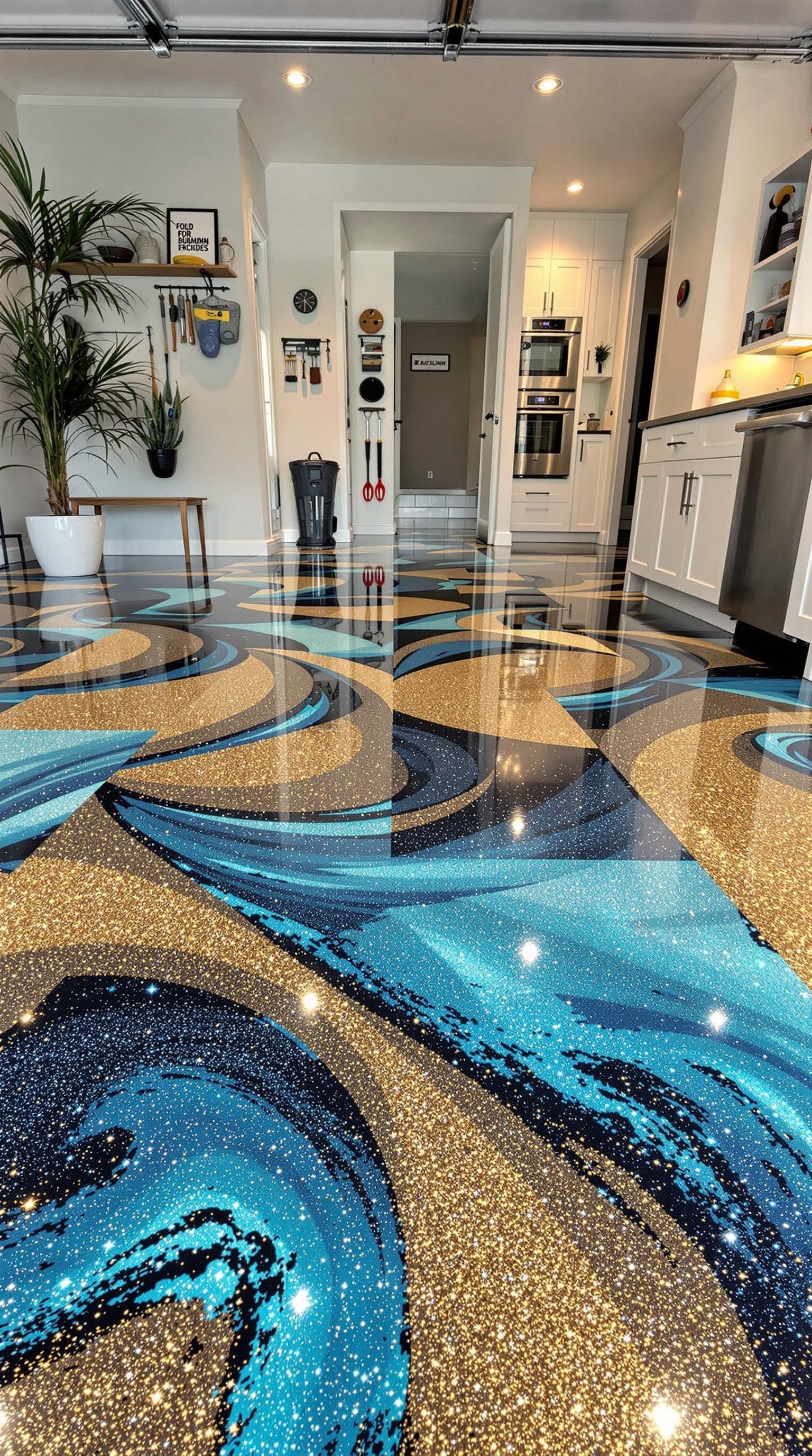 A modern garage with a stunning geometric epoxy floor design featuring blue and gold colors and glitter.