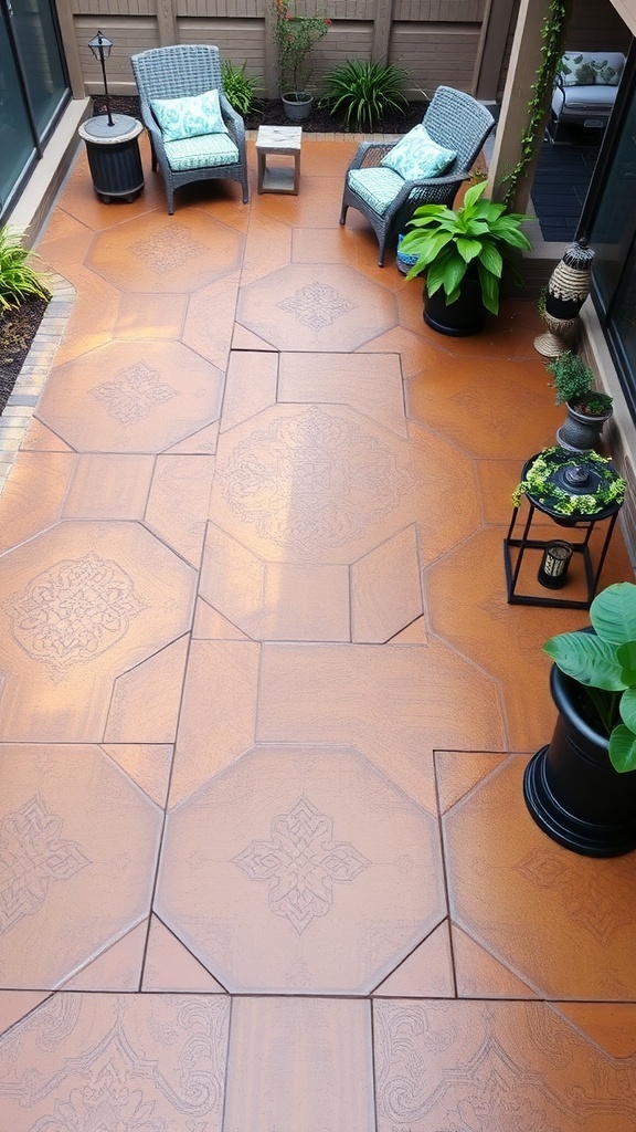 A modern black epoxy patio floor with geometric patterns and a sleek finish.