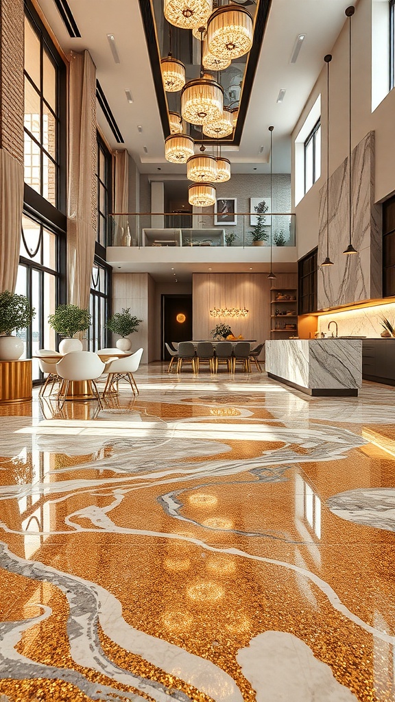 Luxurious living space featuring a gold glitter epoxy floor with marble patterns and elegant lighting.