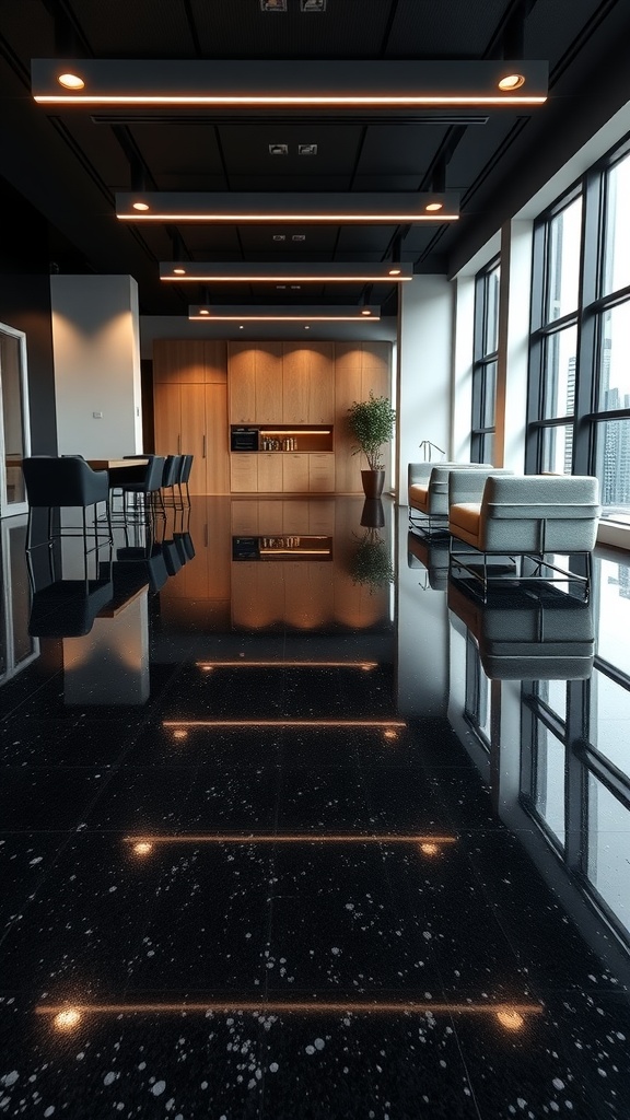 A modern interior featuring glossy black epoxy flooring with sleek furniture and large windows.