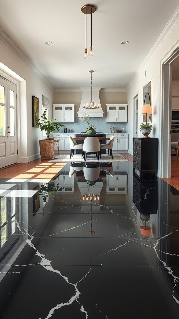 A modern kitchen featuring a glossy black epoxy floor with marble-like veining, bright lighting, and stylish decor.