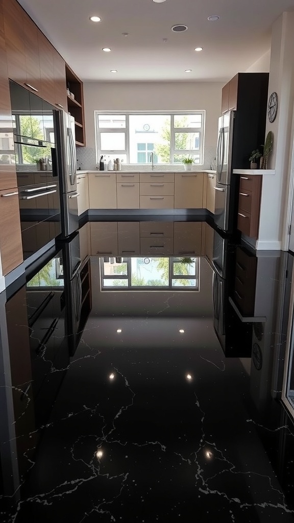 A modern kitchen featuring glossy black epoxy flooring reflecting the cabinetry and natural light.