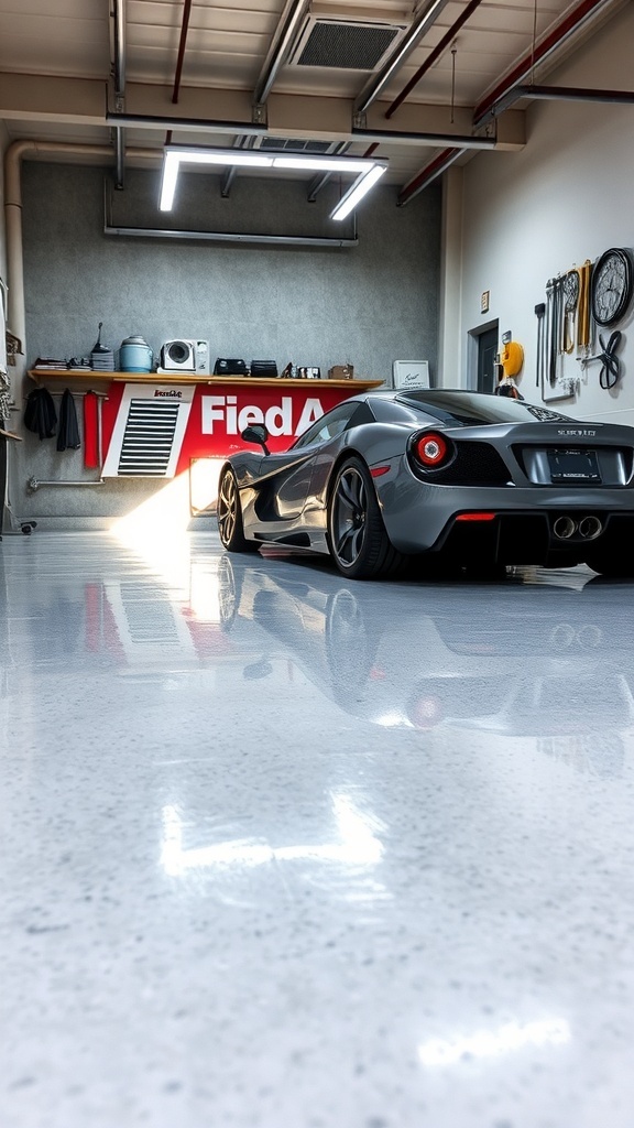 A sleek garage with a glossy epoxy floor and a modern car.