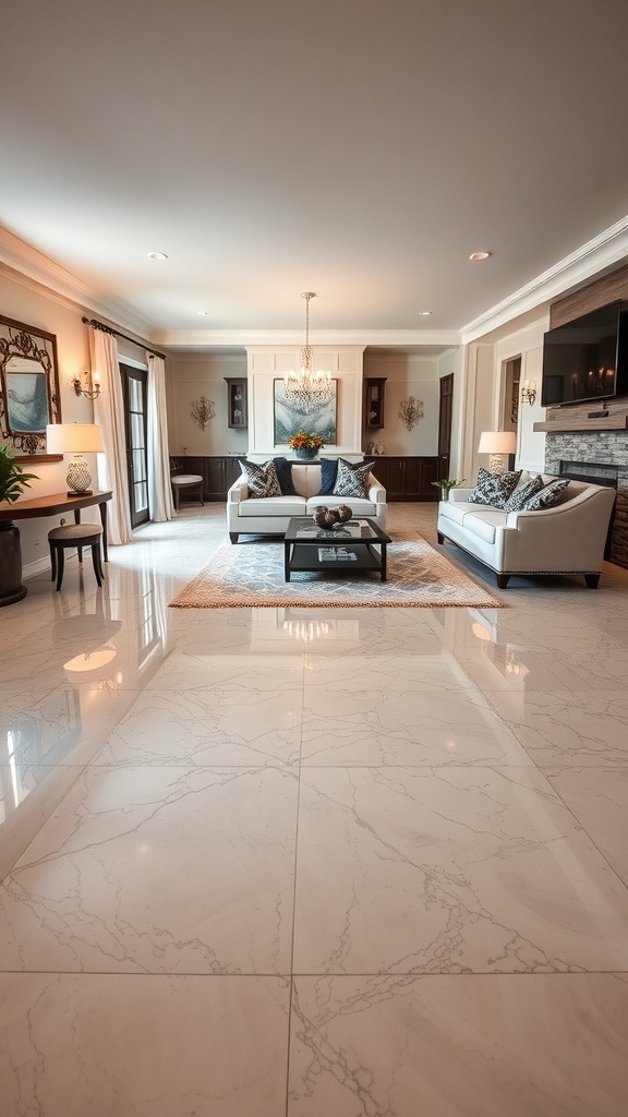 A luxurious living room featuring glossy marble effect epoxy flooring.